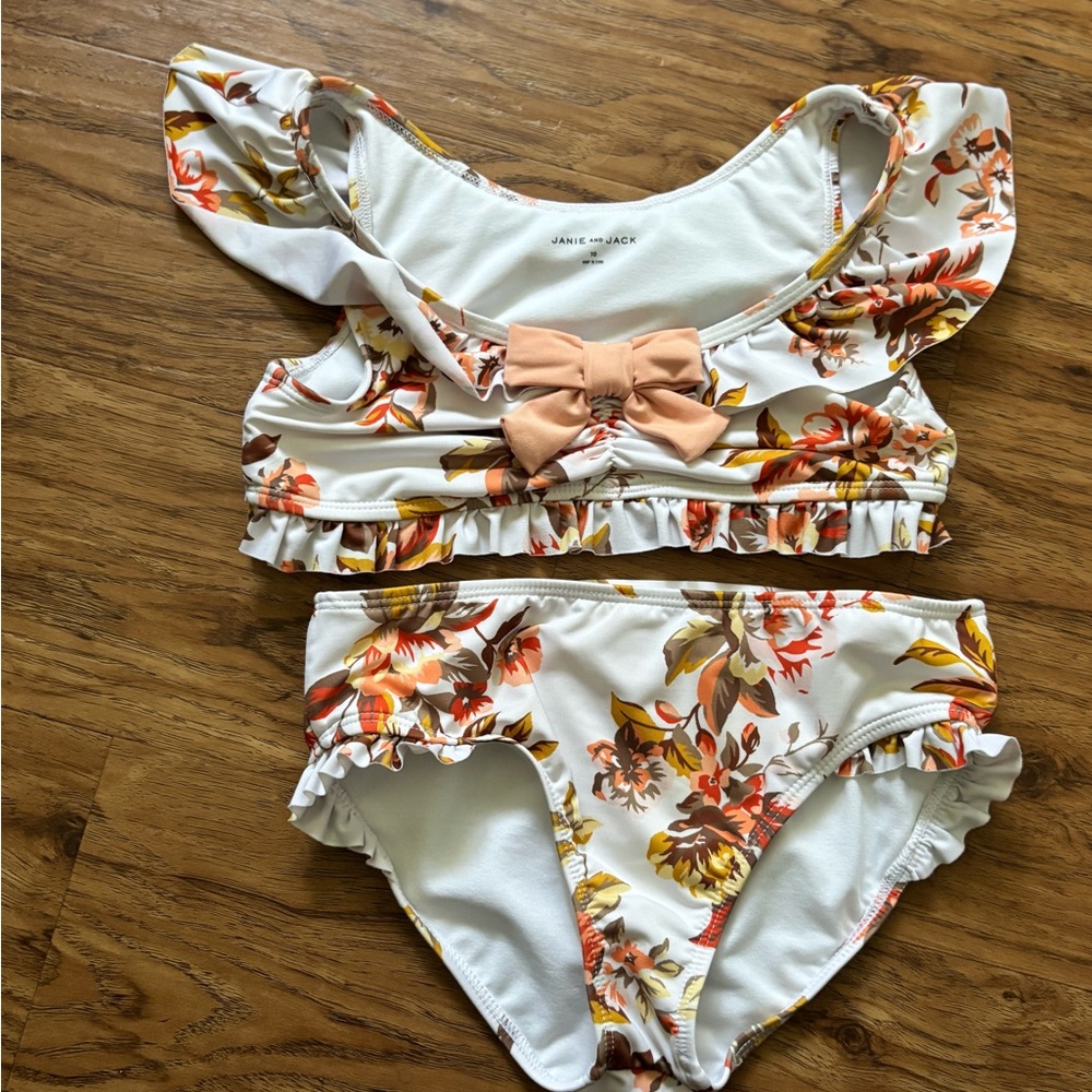 Janie and Jack Girls Floral Ruffle Two-Piece Swimsuit (Size 10) 🌺☀️